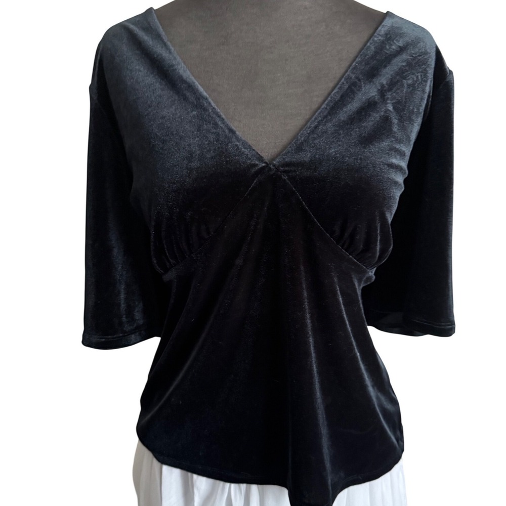 Knox Rose Womens Black Velvet V-Neck Empire Waist Flutter Sleeve Top Size L - Picture 1 of 4